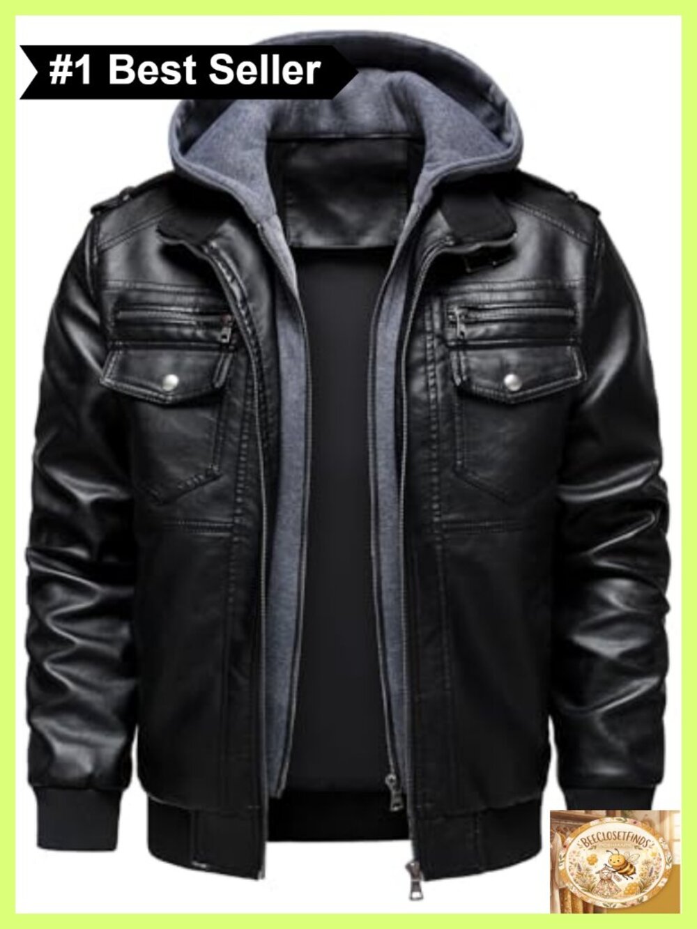 Men's Faux Leather Motorcycle Jacket with Hood - Water & Wind Resistant,